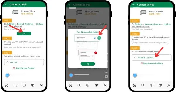 Xender web connected by local IP in browser step