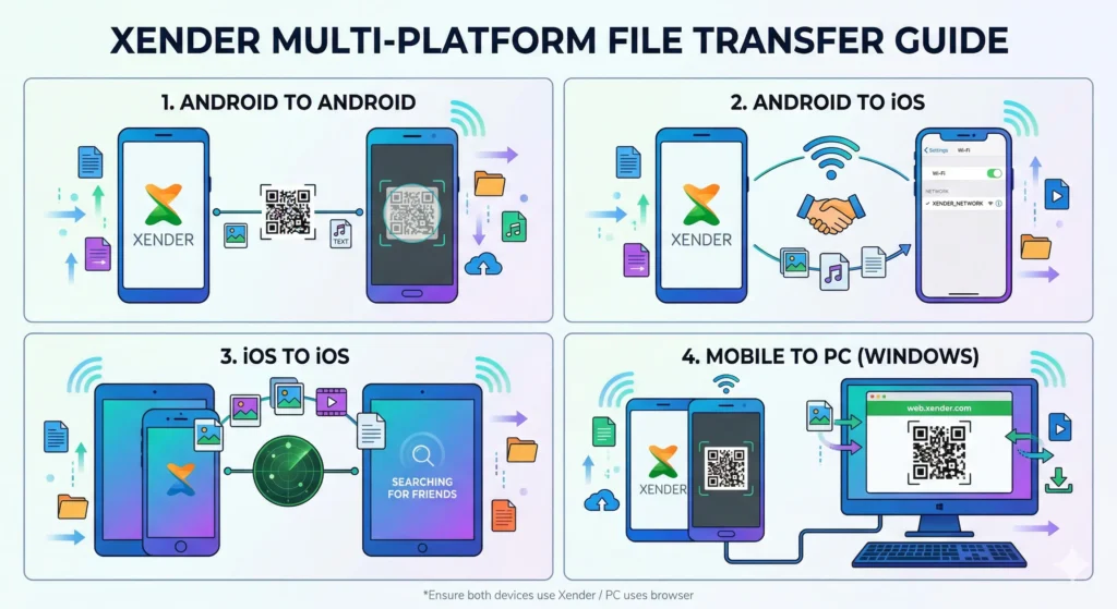 A multi-panel infographic illustrating four distinct Xender file transfer methods: 1. Android to Android using QR code; 2. Android to iOS; 3. iOS to iOS via radar scan; and 4. Mobile to PC