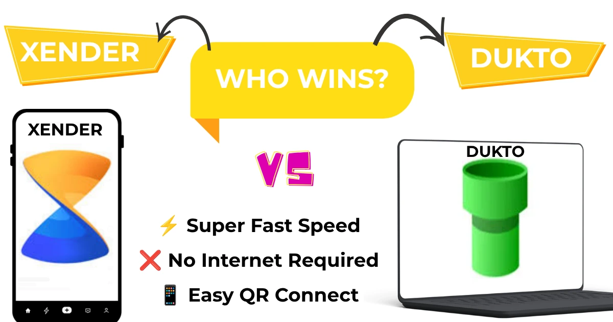 A side-by-side comparison chart of Xender vs Dukto file sharing apps showing phone and laptop transfers.